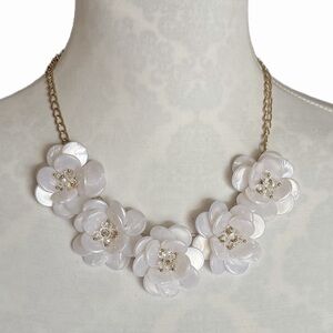 White Floral Statement Necklace | Gold Tone Chain | Bridal Garden Party